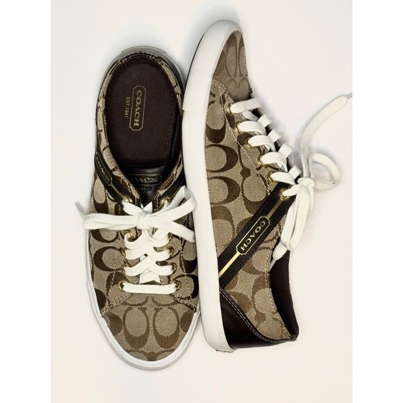 Coach Women's Lesley Khaki Signature Canvas Lace-Up Sneakers Shoes 8.5 MINT - Picture 1 of 7